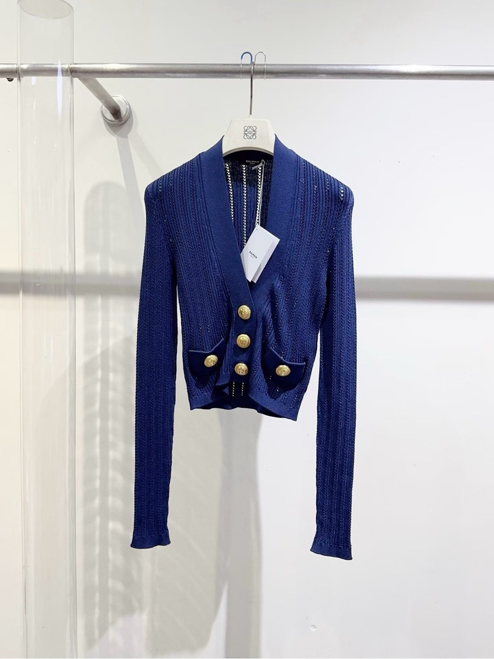 Balmain Navy Blue Knit Cropped Cardigan with Gold Buttons